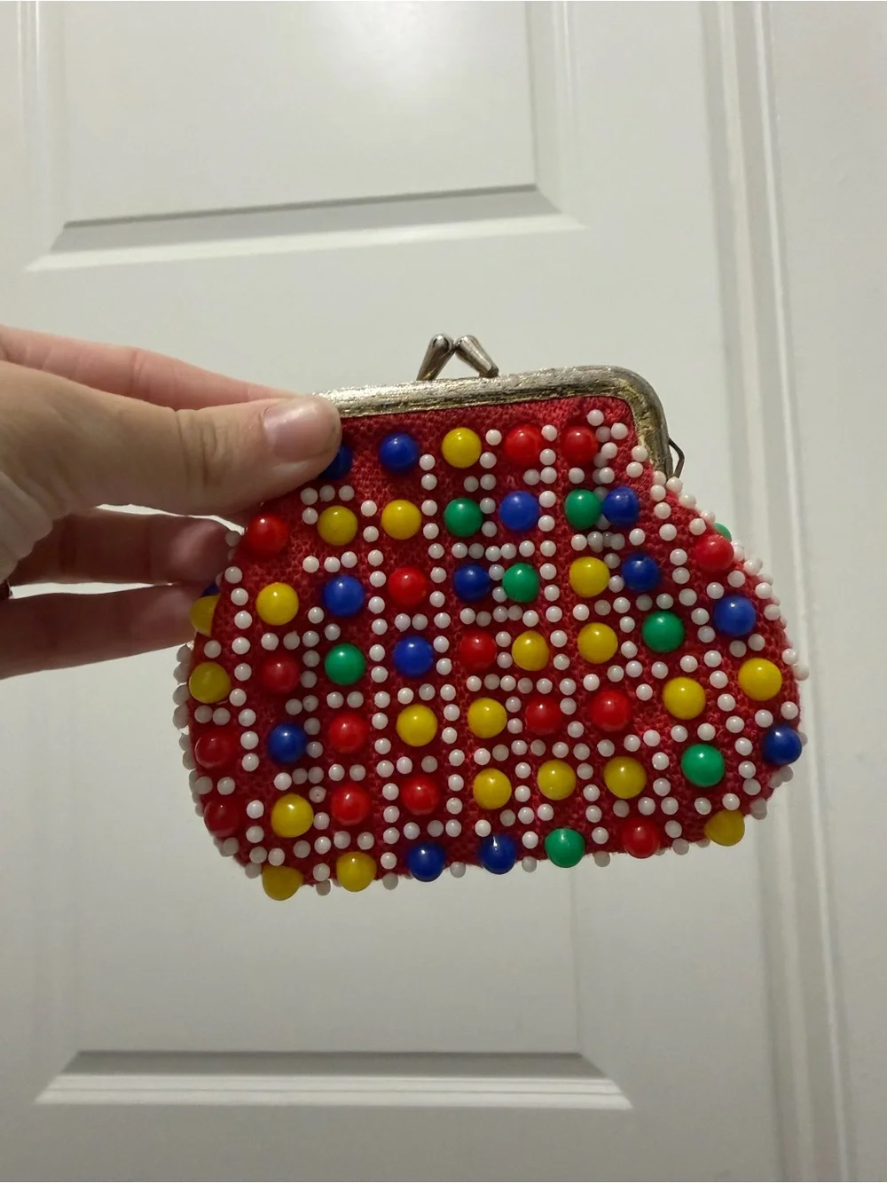 Beaded Red Retro Coin Purse with Multicolor Embellishments